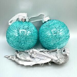 Ornaments Silver Bird Dove Teal Sparkle SetD